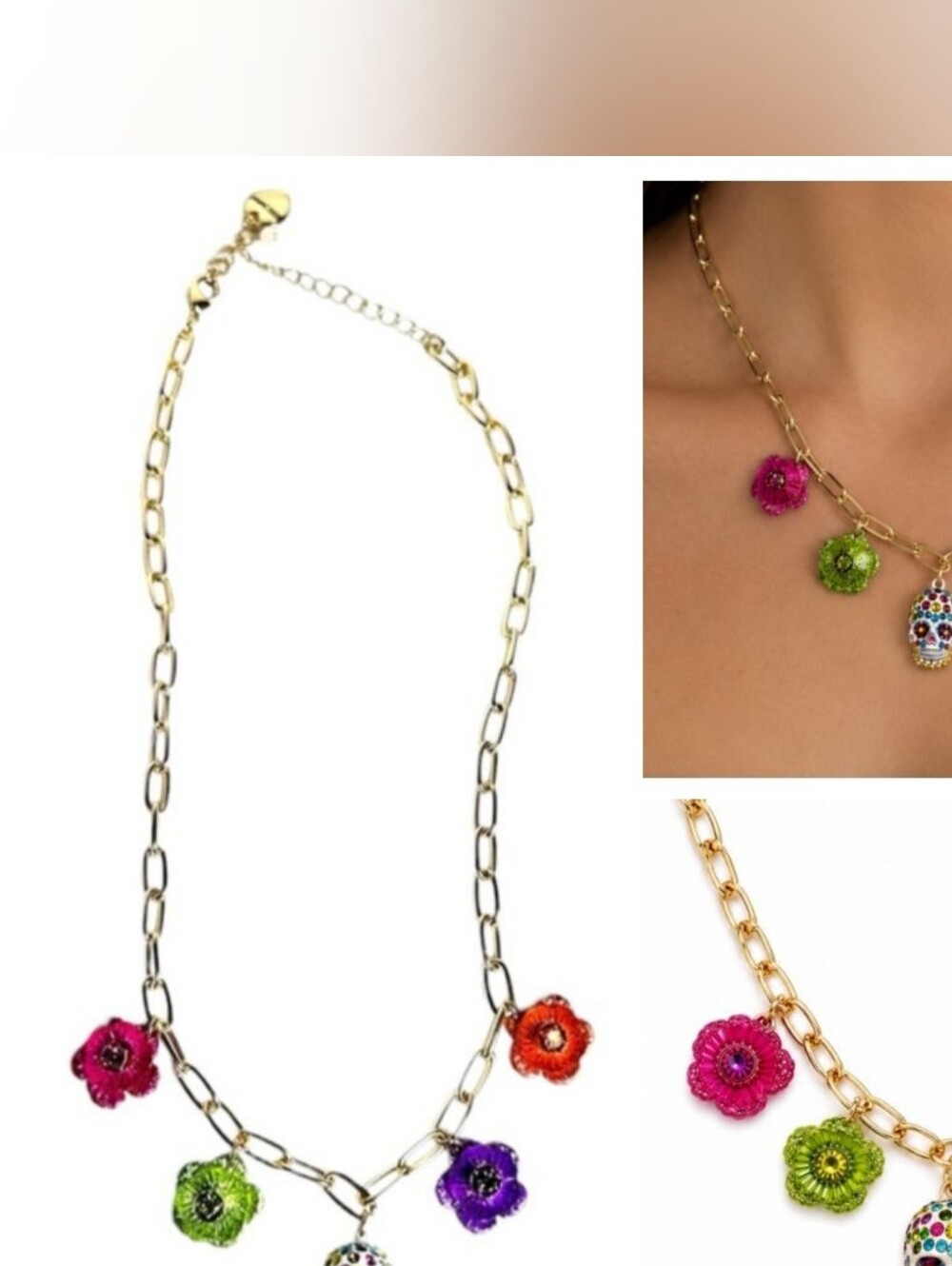 Betsey Johnson Necklace Sugar Skull Floral Crystal Day Of the Dead Halloween NWT